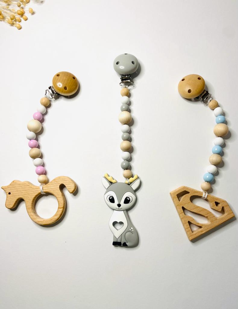 Babyschalenkette mit Holz oder Zahnungshilfe - Motiv nach Auswahl
